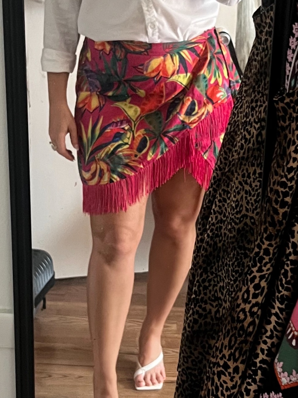 SHEIN Tropical Pink Fringe Wrap Mini Skirt